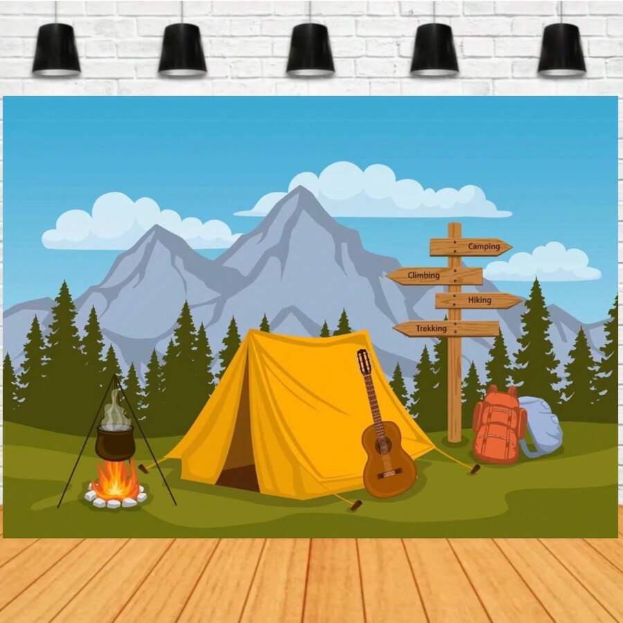 Campfire Camper Tent Theme Birthday Party Backdrop Hiking Climbing Sign Guitar Backpacks Background Photo Props Cartoon Camping Backdrop Forest And Mountain Scenery Outdoor - Type a - View 1