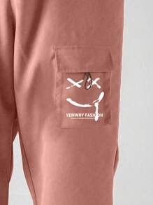 Tween Boy's Stylish Smile Face Print Casual Drawstring Waist, Back-To-School College Style Cargo Pants
