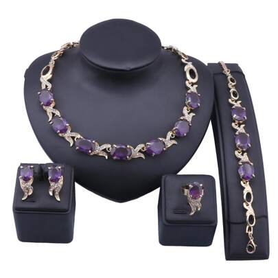 1pc Fashionable Purple Gold-Plated Zirconia Crystal Water Drop Necklace Earrings Bracelet Ring Jewelry Set, Suitable For Women's Wedding Party Daily Wear