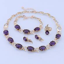 1入時尚紫色鍍金鋯石水滴項鍊耳環手鍊戒指珠寶套裝，適合女性婚禮、派對、日常穿戴