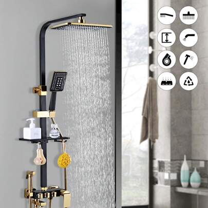 YUNRUX Rain Shower Set Black Gold Shower System With Head Shower Hand Shower Head Shower Panel Shower Faucet Shower Set Shower Column, Adjustable Height 75-120cm