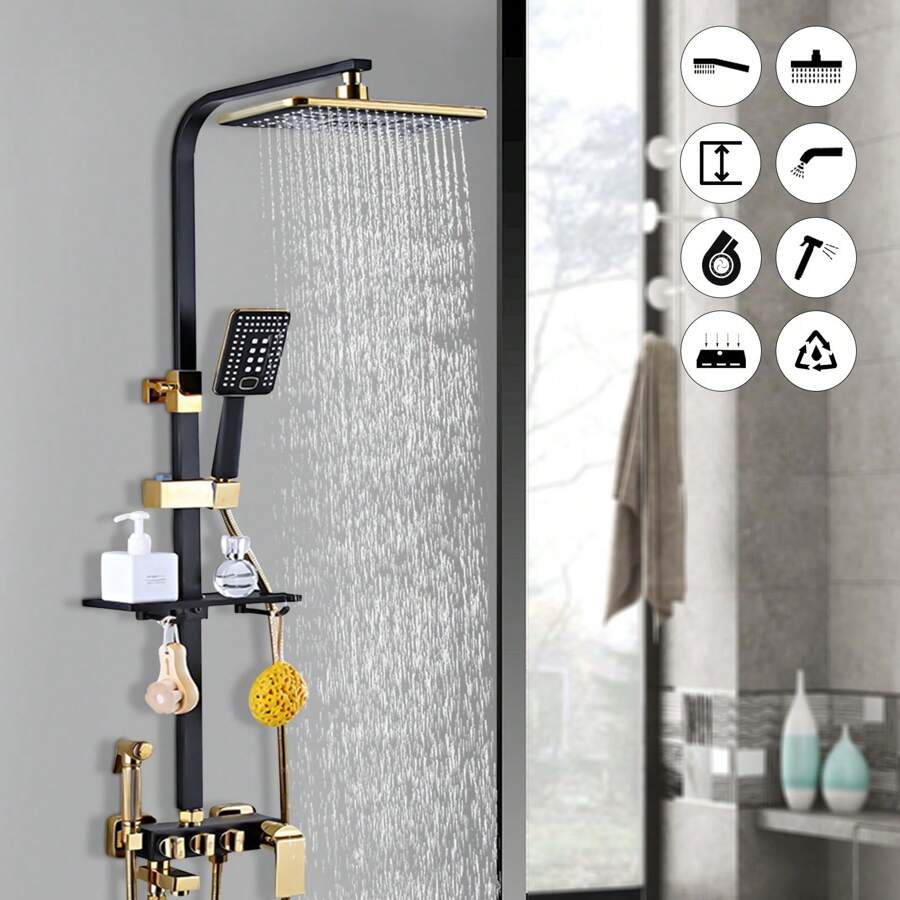 YUNRUX Rain Shower Set Black Gold Shower System With Head Shower Hand Shower Head Shower Panel Shower Faucet Shower Set Shower Column, Adjustable Height 75-120cm - Multicolor - View 1