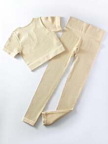 瑜珈V領短袖上衣和高腰長褲組合套裝，適合春/夏/秋季，柔軟透氣，適用於健身房鍛煉和機場穿搭