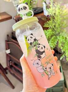 1pc Panda Glass Cup, Highly Attractive Portable Cold-Brew Coffee Cup With Straw, Large Capacity Water Cup For Summer - Multicolor - View 9