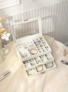 CASEGRACE 1 件透明盖珠宝收纳盒，3 层珠宝收纳盒，大型多功能珠宝盒，带 3 个抽屉，珠宝展示盒，戒指耳环项链手链，返校 - 米色 - 查看 11