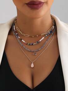 1入復古波西米亞風格多股項鍊，帶有珠子和米粒裝飾 - 金色 - 查看 6