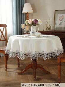 ABEST6522 Home&Living store 100% Polyester Round Tablecloth With Hollow Floral Lace Edge, Elegant Jacquard Fabric Circular Table Cover, Dustproof Decor Table Cloth For Dining Table Wedding Party Farmhouse Home Decor - Multicolor - View 8