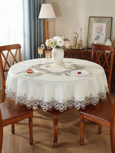 1 pezzo Tovaglia rotonda in tessuto di raso con bordo in pizzo idrosolubile bicolore, per cucina, sala da pranzo, soggiorno, tavoli rotondi/quadrati, disponibile in varie dimensioni, decorazione per la casa, decorazioni per feste, compleanni, ville, banchetti, feste all'aperto, matrimoni, decorazione stanza, serie da giardino