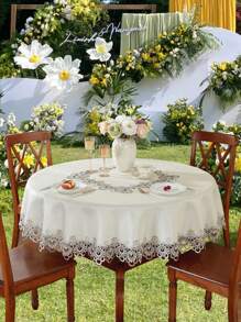ABEST6522 Home&Living store 100% Polyester Round Tablecloth With Hollow Floral Lace Edge, Elegant Jacquard Fabric Circular Table Cover, Dustproof Decor Table Cloth For Dining Table Wedding Party Farmhouse Home Decor - Multicolor - View 3