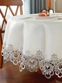 ABEST6522 Home&Living store 100% Polyester Round Tablecloth With Hollow Floral Lace Edge, Elegant Jacquard Fabric Circular Table Cover, Dustproof Decor Table Cloth For Dining Table Wedding Party Farmhouse Home Decor - Multicolor - View 11