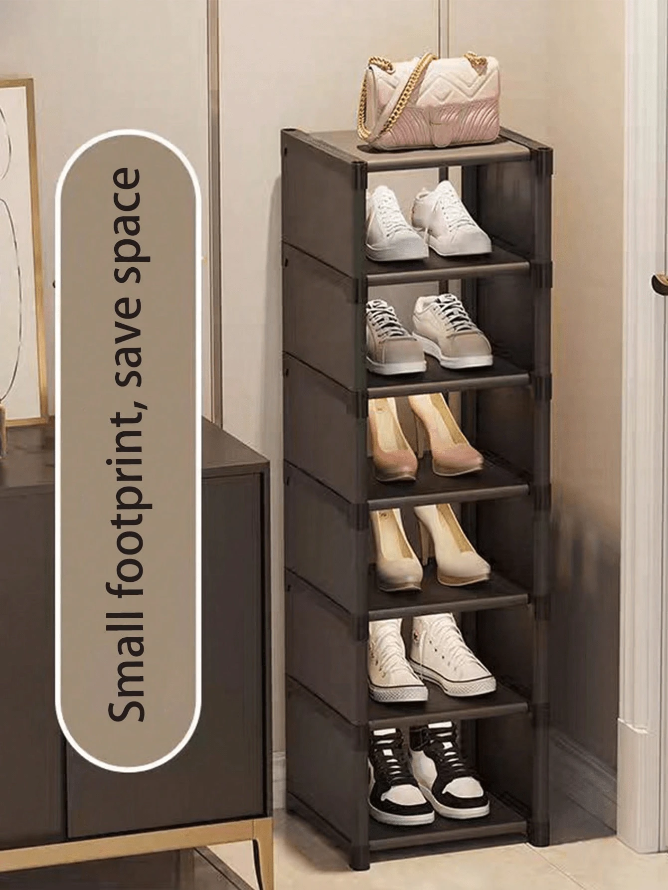 8stufiges schmales Schuhregal, vertikales Regal, stabiler Organizer