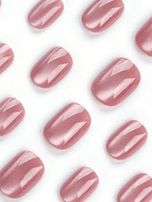 24入組短棺材形法式純色簡約美甲指甲藝術貼片，附1pc指甲文件和1pc果凍膠壓膜式假指甲，指甲用品 - 淺粉色 - 查看 3