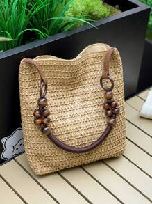 Túi xô đi biển phong cách mùa hè mới có dây đeo vai bằng gỗ đính hạt, túi dệt thời trang dành cho nữ, vật dụng thiết yếu cho ngày lễ, hoàn hảo cho du lịch, nghỉ dưỡng, ngày lễ và bãi biển - Màu Khaki - Xem 10