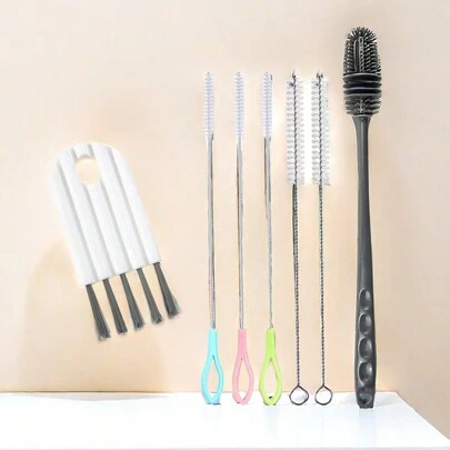 Juego de 7 piezas de cepillos limpiadores con mango largo de silicona para fregado de taza, cepillo limpiador de metal para pajillas, con cerdas de nailon, eficiente cepillo de limpieza de tapa de taza, para limpiar botellas de agua, pajillas, vasos de batido y tubos - Mantenga sus accesorios de bebida limpios e higiénicos