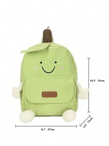 1pc Girls' Solid Color Flannel Cartoon Smile Face Pear Shaped Backpack, High Capacity With Zipper Closure, Perfect For Daily Outings - Green - View 2