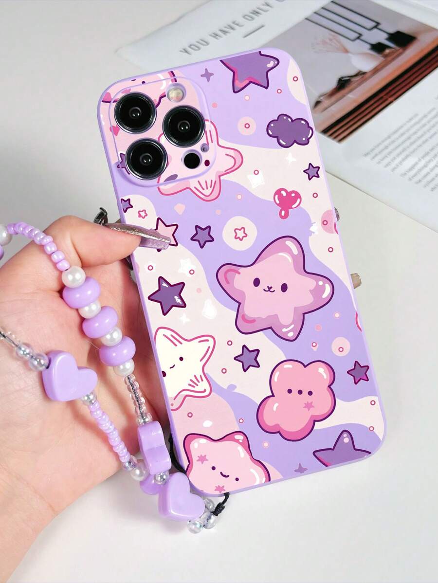 1pc Purple TPU Star Pattern Shockproof Phone Case & 1pc Purple Heart Lanyard, Compatible With Apple/Android Phones - Purple - View 1