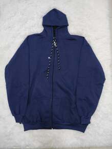 R&S Moletom G1 G2 G3 Men's Flannel Cold Weather Blouse Plus Size Basic Plain With Hood And Zipper Pocket - Navy Blue - View 1