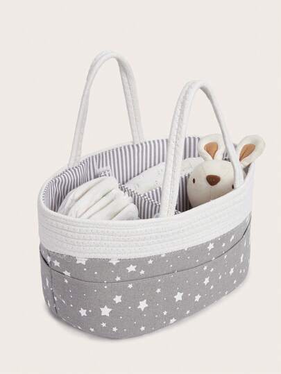 1pc Dark Grey Star Braided Mommy Diaper Tote Organizer Basket