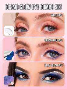 Misslyn Cosmo Glow眼妝組合套裝，3件套，Color Mania睫毛膏，防污，劇烈增長，長效，增加體積效果，定義睫毛，高度顯色，不結塊，COSMO GLOW！變色龍眼線筆，金屬色彩轉移眼線筆，高度顯色，複色凝膠眼線筆，防污，防水，長效，防汗，高度顯色的綠色紫色霜狀眼線筆Y2K眼線筆，高光效眼線筆凝膠防水防汗不脫妝多功能平滑眼線筆，眼部好朋友永久眼部底妝，修正眼部黑眼圈，眼影和眼線筆的完美底妝，輕盈，增強眼影顏色，隱形底漆，提亮您的眼下，完美的基礎讓您無瑕的風格更容易融合，平滑細膩，從白天到晚上增加持續時間 - Mascara 6 Blue Ocean+Eyeliner 01 Ocean Blue + Primer 04 white - 查看 2