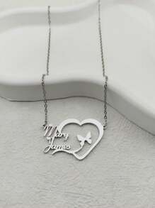 1 pieza Collar personalizado con diseño de corazón y mariposa con nombre para mujeres, plata - regalo ideal para festivales y San Valentín