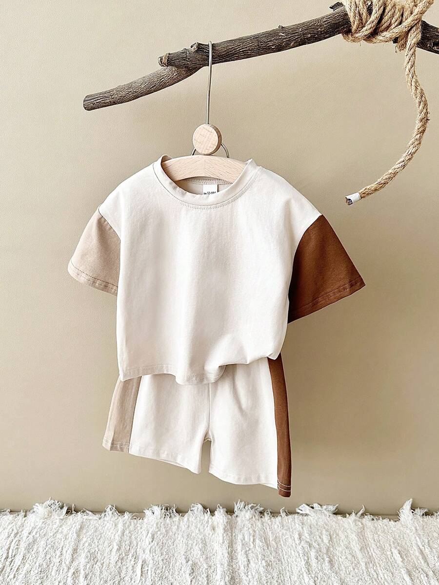 2pcs Baby Boy Casual Colorblock Short Sleeve T-Shirt And Shorts Set, Summer