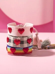 1 pezzo Braccialetto regolabile intrecciato con ricamo a cuore e nappine, adatto come regalo di compleanno, festività, inizio scuola per adolescenti