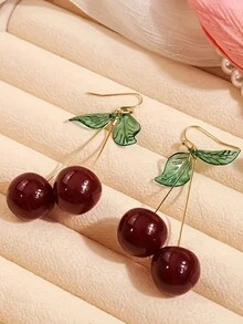 1 đôi bông tai lá và quả anh đào xanh tinh tế, dễ thương và đa năng dành cho nữ - Màu tím - Xem 2