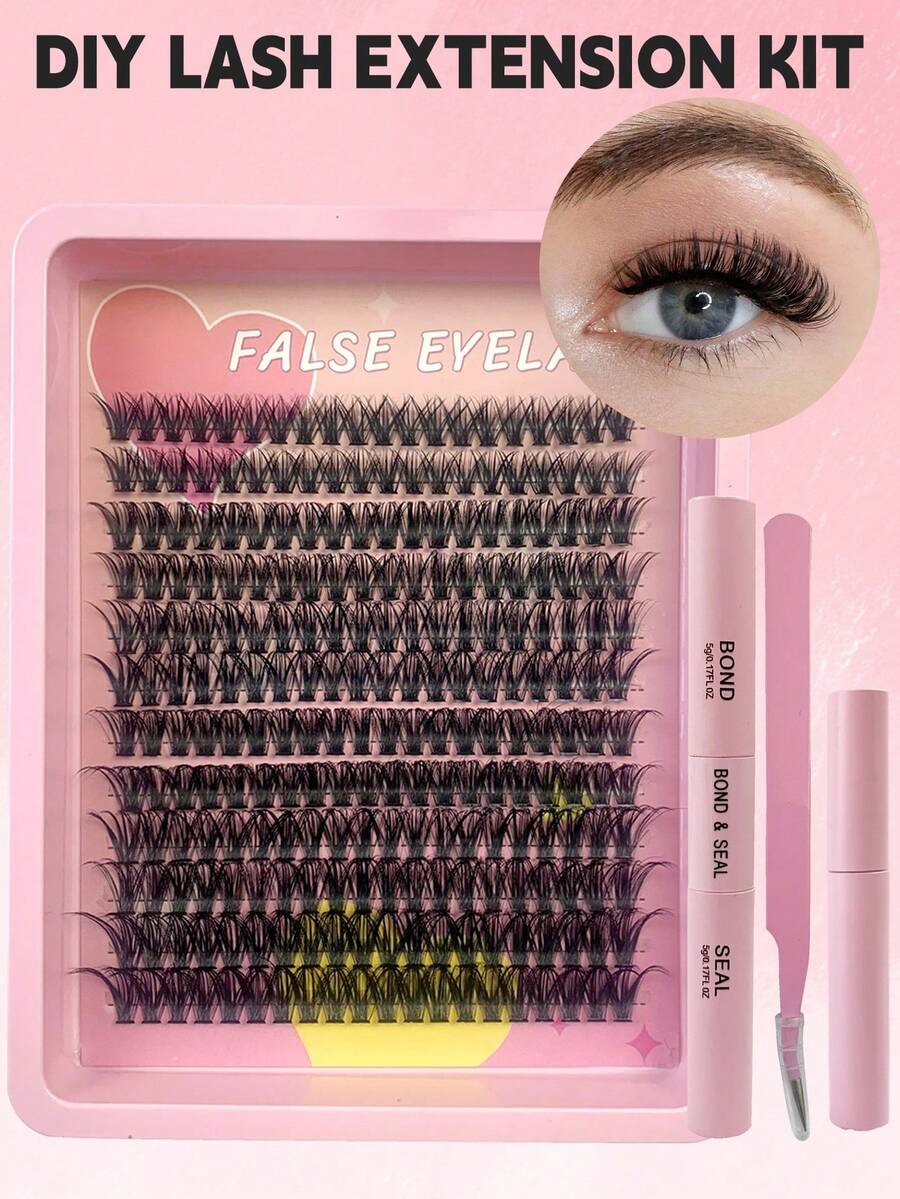 Hinarin DIY繡眼睫毛延伸套件240個50D個別睫毛，附睫毛夾工具，超強睫毛黏合劑和封口群組睫毛去膠凝膠，易於家庭使用 - 黑色 - 查看 1