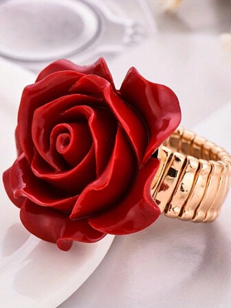 1pc Vintage Red Rose Flower Jewelry Ring, Gift For Women, Wedding, New Year, Valentine's Day,Mom,Mother,Mother's Day,Gift