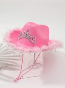 1pc Women's Western Crown Cowboy Hat, Feather Decor, Sequin Trim, Pink Western Cowboy Hat, Stage Hat