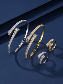 两件套首饰：开口手镯和戒指，方形立方氧化锆设计，简约中性风格，适合女性日常及节日佩戴。 - 003512 - 查看 1