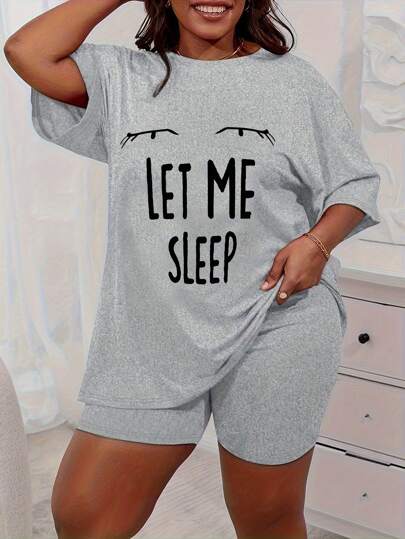 Plus Size Women Casual Outfit, Eye & Slogan Print Short Sleeve Loose T-Shirt And Shorts Pajama Set, Suitable For Spring And Summer Vacation