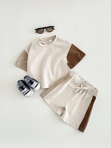2pcs Baby Boy Casual Colorblock Short Sleeve T-Shirt And Shorts Set, Summer