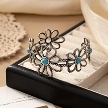 1pc Boho Flower Open Bangle Bracelet - Vintage Silver Hand Jewelry For Women - Silver - View 2