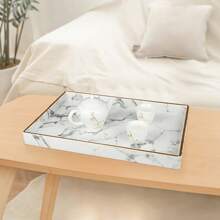 Large Rectangular Gold Rimmed White Marble Pattern Serving Tray, Decorative Tabletop Accessory - Black and White - View 6