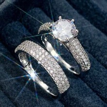 2 piezas de anillos de aleación de plata de lujo con circonia incrustada, elegantes para uso diario o como anillo de compromiso, para mujer - Plateado - Ver 12