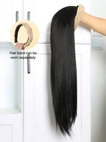 26英吋長直髮單品頭帶假髮，女性合成覆蓋假髮，自然直髮半假髮 - 黑色 - 查看 7