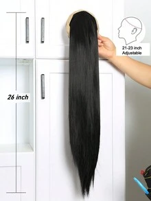 26英吋長直髮單品頭帶假髮，女性合成覆蓋假髮，自然直髮半假髮 - 黑色 - 查看 8