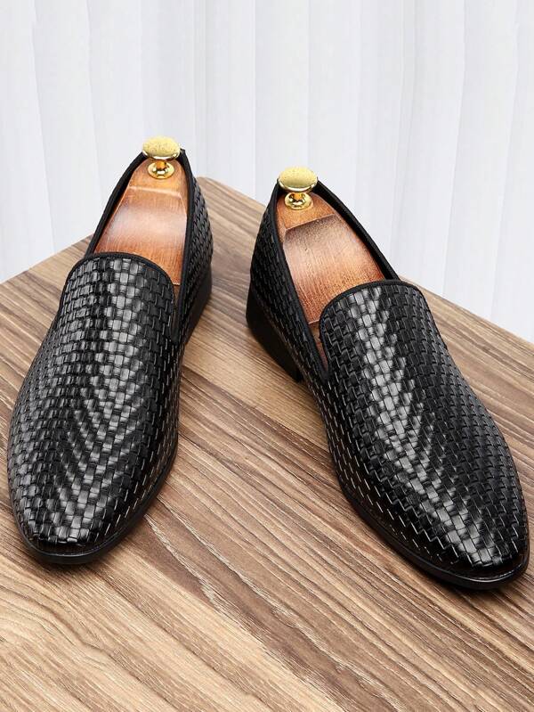 Men's European Style Brogue Loafers, Slip-On Casual Dress Shoes, Woven Leather Moccasin Shoes
