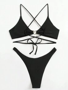 全新黑色性感比基尼套装爱心金属分体沙滩比基尼套装三角带比基尼套装女套装夏季海边 - 黑色 - 查看 4
