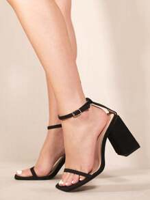 Where’s That From FALLON SQUARE TOE HIGH BLOCK HEEL SANDALS WITH ANKLE STRAP - Black Suede - View 1