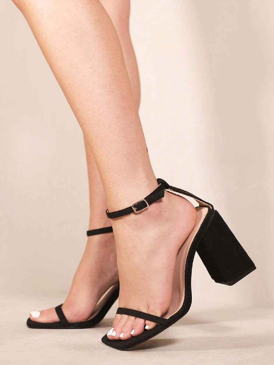 Where’s That From FALLON SQUARE TOE HIGH BLOCK HEEL SANDALS WITH ANKLE STRAP - Black Suede - View 1