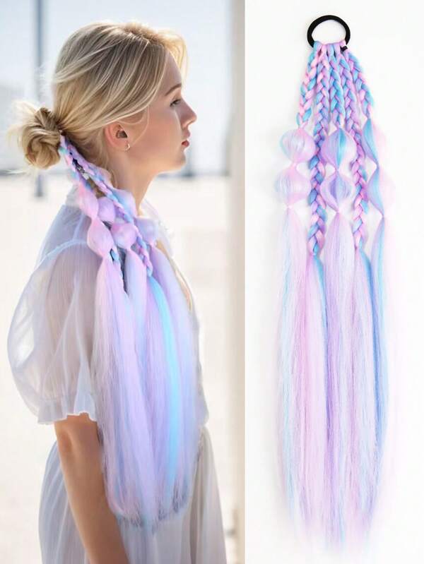24 Inch 1pc Purple Pink Blue Multi-Color Festival Elastic Band Lantern Bubble Braiding Hair Synthetic Heat Resistant Women's Braided Hair Extension Ponytail Extension Hair For Woven And Girls Daily Party Cosplay Holiday Y2K Used Ponytail Hair