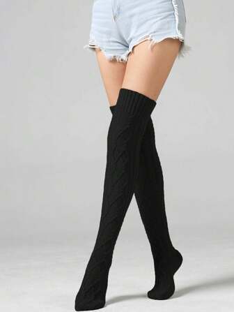 女士麻花针织过膝长袜，加长款冬季保暖袜，舒适保暖