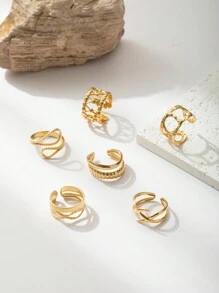 6pcs 18K Gold Plated Stainless Steel Rings Gift Set For Women, Geometric, Water Drop, Hug, Asymmetrical Shaped, Vintage French Design Jewelry, Ideal For Halloween, Christmas, Gifts - Yellow Gold - View 10