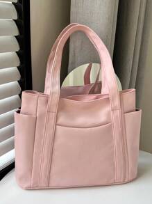 Fashionable Solid Color Minimalist Casual Large Capacity Tote Bag, Women's Shoulder Bag, Accessories Not Included - Pink - View 7