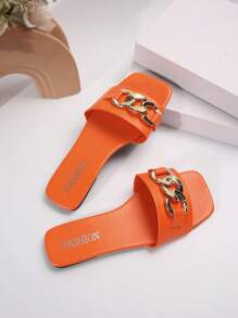 1 Pair Women's New Square Toe Summer Sandals - With Fashionable Metal Buckle Decor - Suitable For Party & Beach Wear - Elegant Flat Women's Slip On Sandals