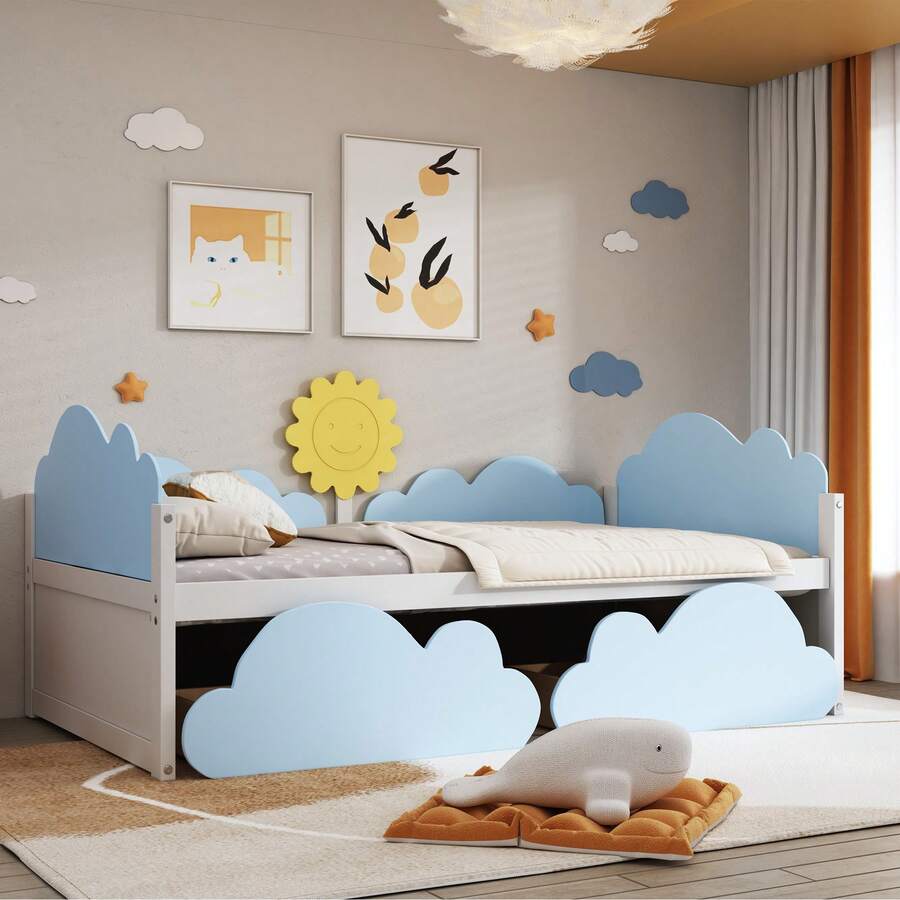Mini-Bed With 2 Storage Drawers, Single Bed Cloud Shape Daybed With 2 Drawers, 90*190cm, Mattress Not Included - Blue and White - View 1