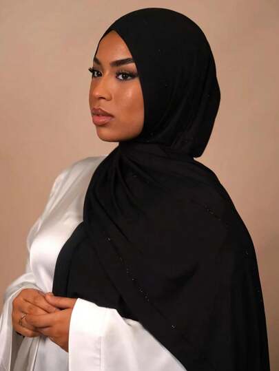 1 pièce Foulard long unicolore en jersey doux avec diamant pour femmes, style arabe décontracté, couleur unie, foulard de tête conservateur convenant à un usage quotidien