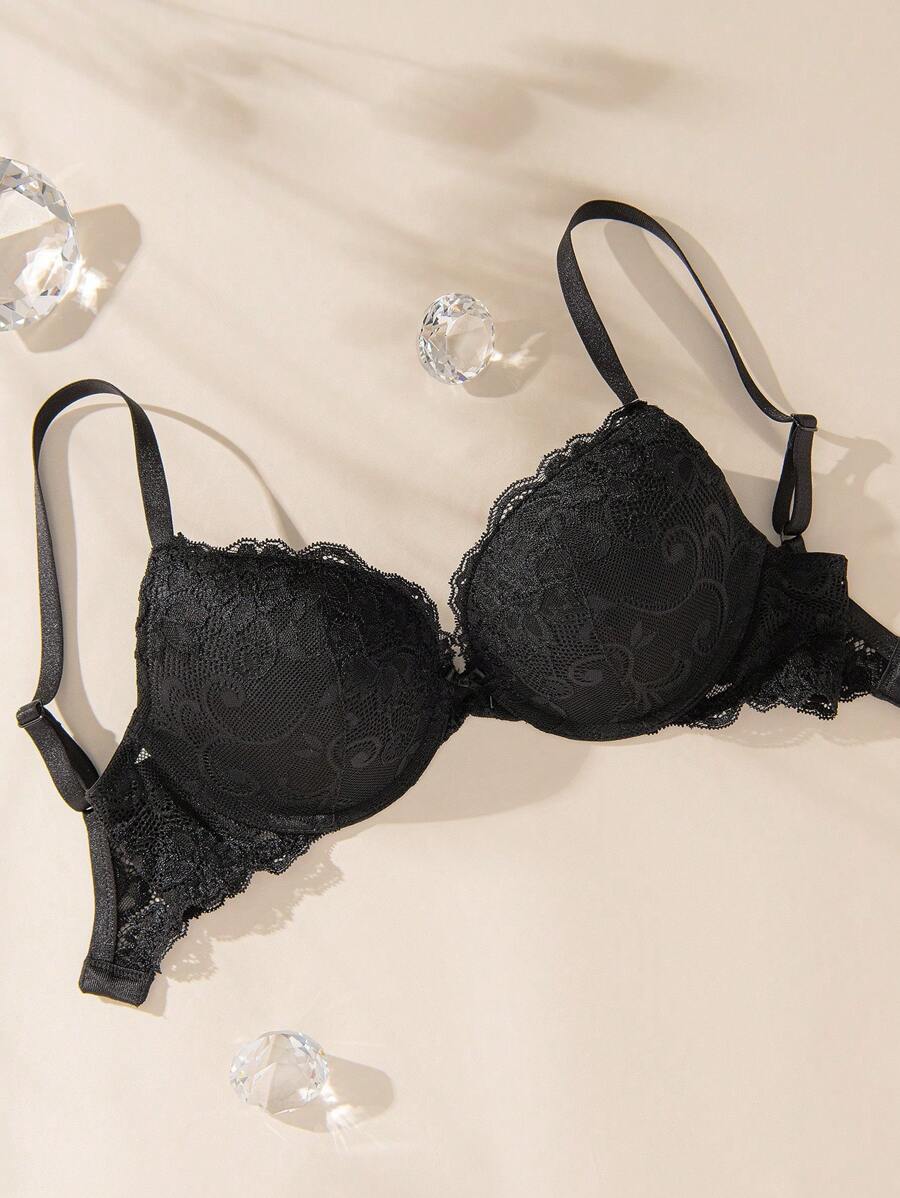 Wingslove حمالة صدر نسائية مبطنة مرفوعة بتصميم دانتيل مع سلك داخلي، مريحة وسميكة - الأسود - مشاهدة 1